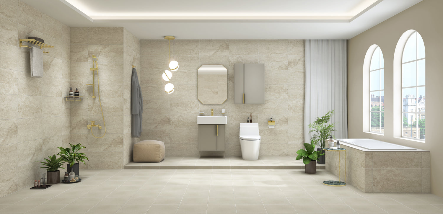 modern spacious luxury bathroom with minimalist gold interior fixtures, bidet seat toilet
