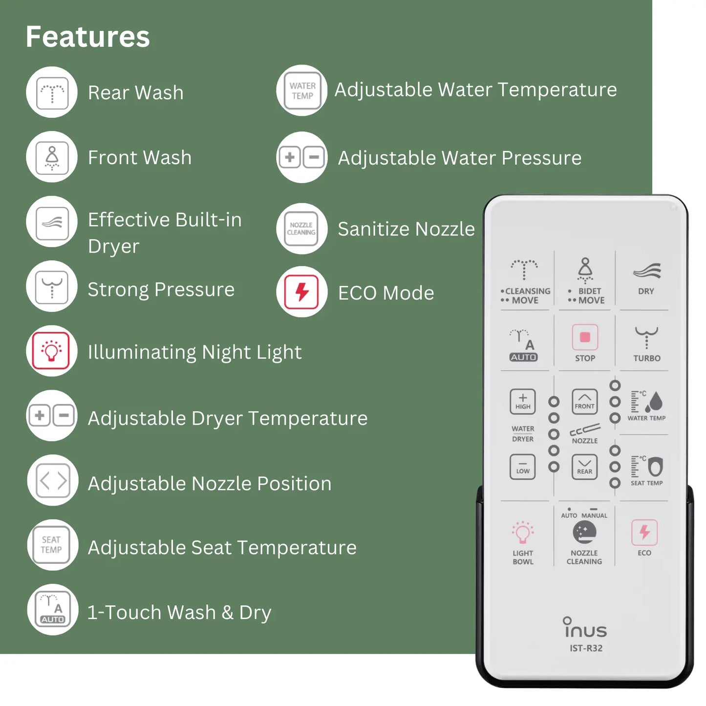 R32 Bidet Toilet Seat - Wireless Remote & Dryer - Inus Home USA|Pleasant Living Experience!
