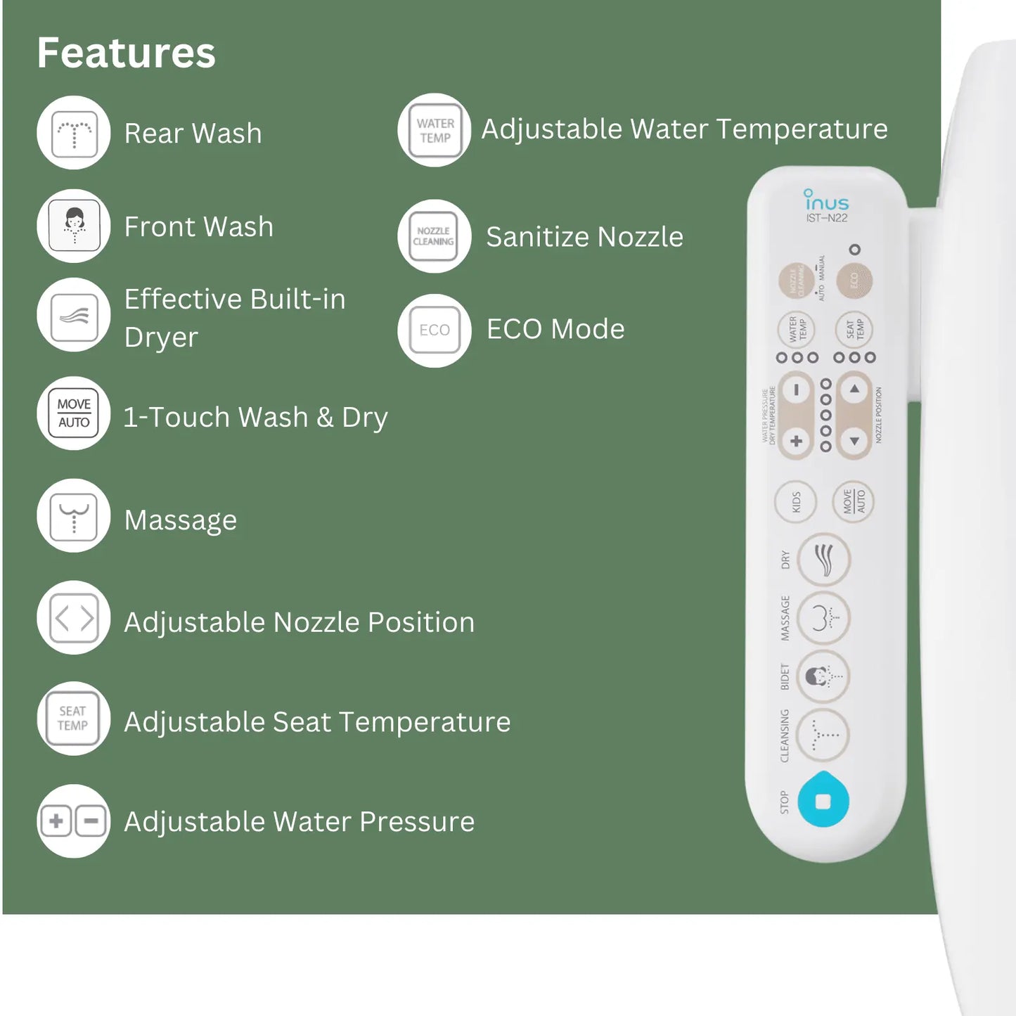 N22 Bidet Toilet Seat - Heated Seat & Dryer - Inus Home USA|Pleasant Living Experience!