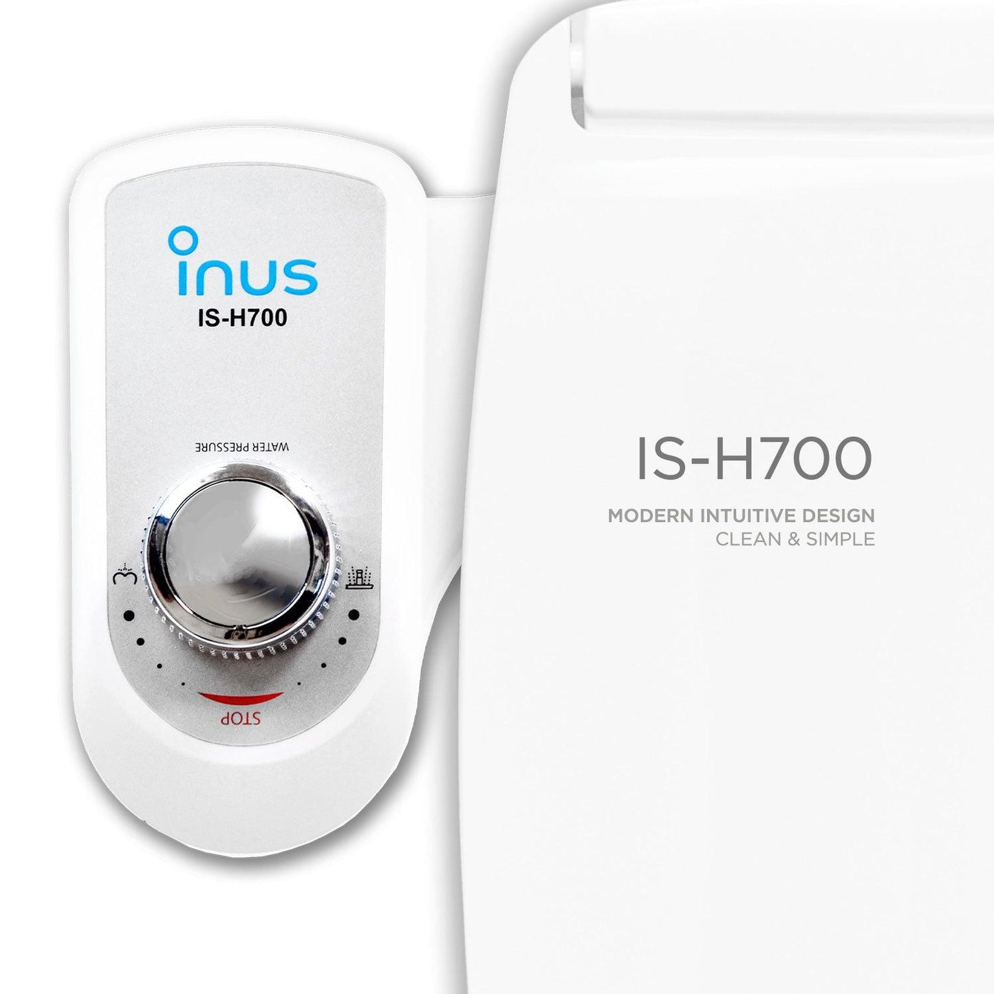 close up of inus h700 bidet attachment chrome water pressure adjustment dial 