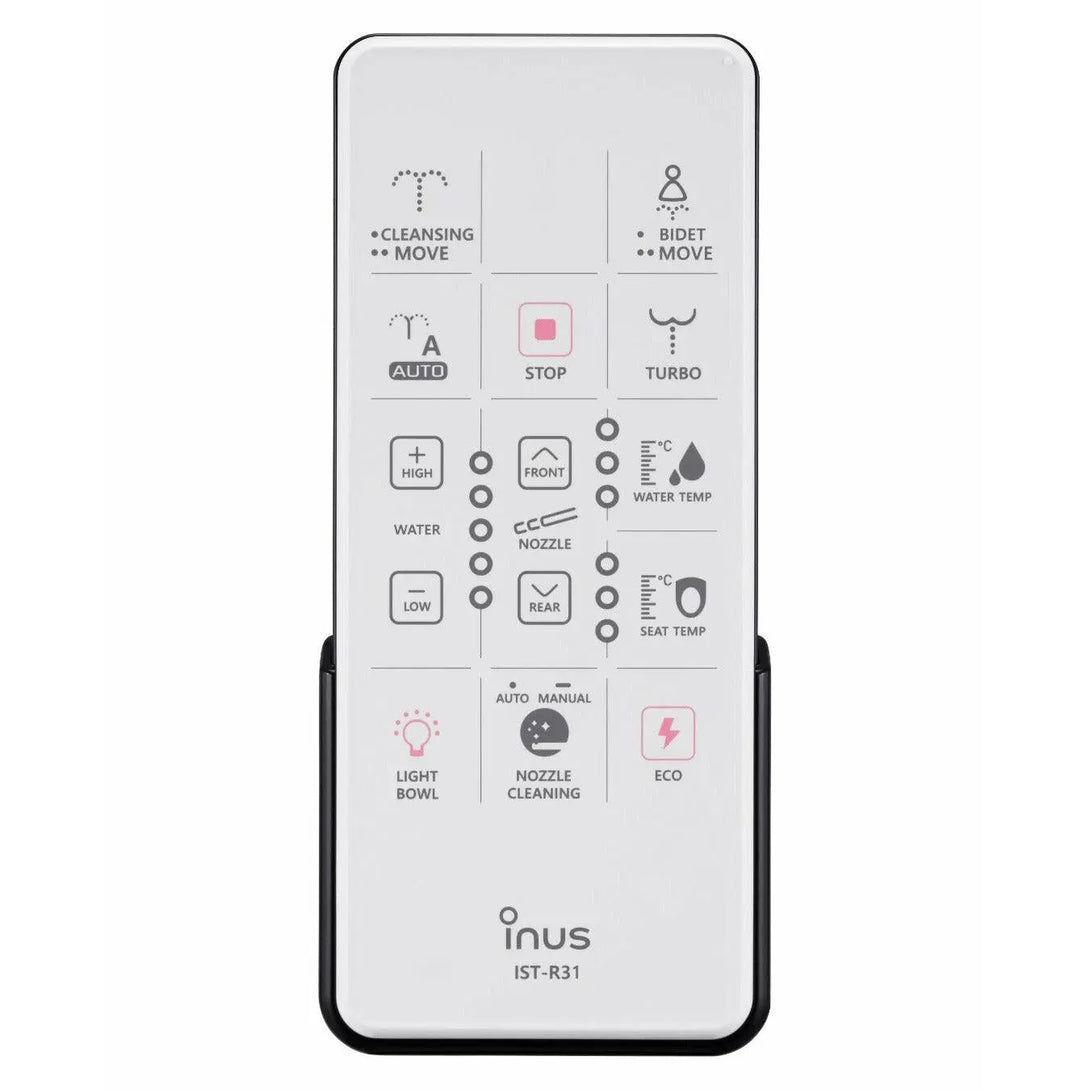 A close up of a bidet remote control for INUS's bidet model number IST-R31. Words on the remote control show that this bidet has moving nozzle, self-cleansing nozzle, automatic mode, turbo mode, adjustable water pressure, adjustable water temperature, adjustable seat temperature and light mode. 