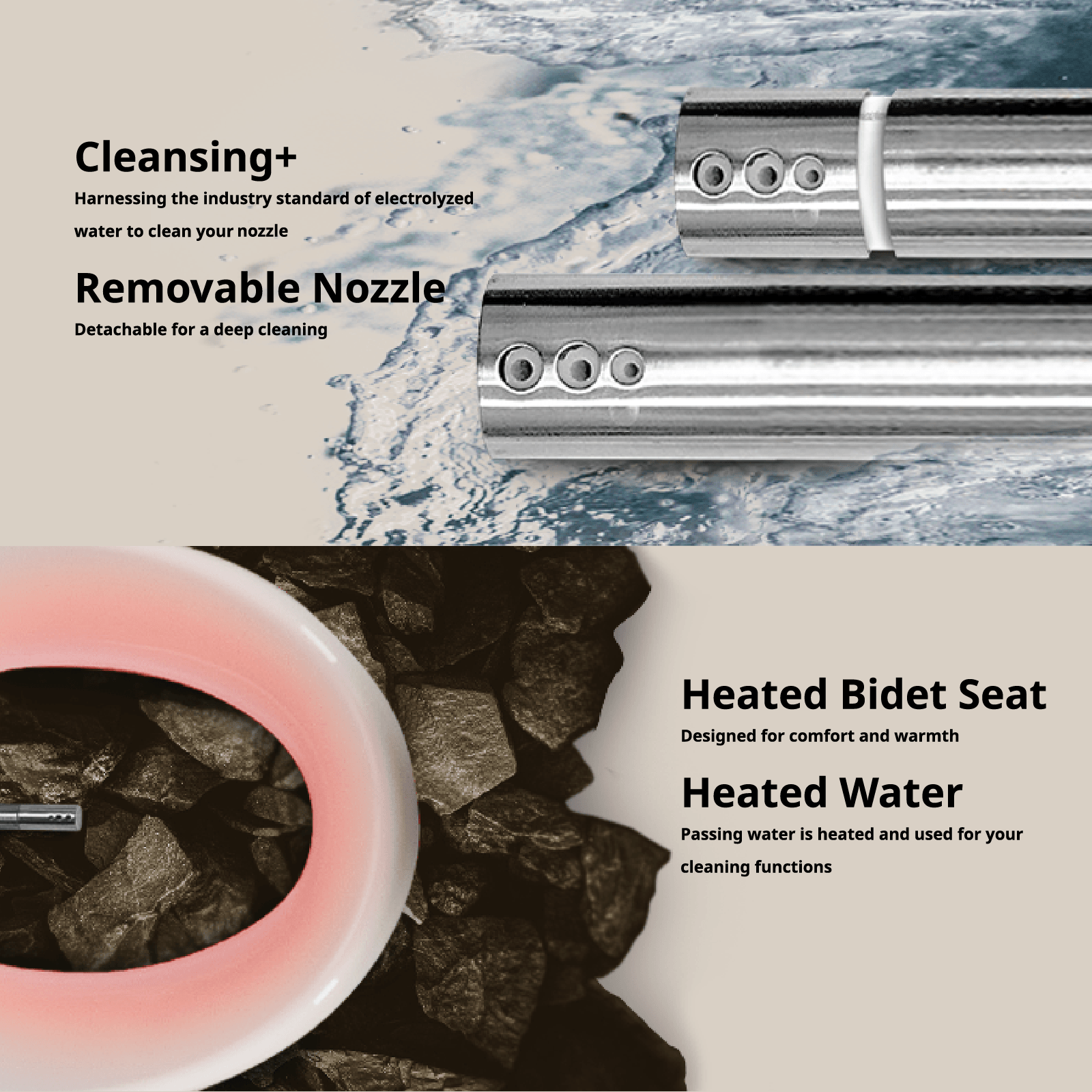 INUS R52 bidet toilet seat has a nozzle cleansing system, removable nozzle which is detachable for deep cleansing, heated bidet seat designed for comfort and warmth, and heated water. 